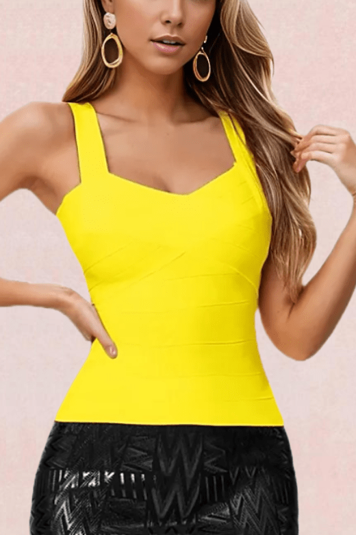 Woman wearing a figure flattering  Jay Bandage Top - Sun Yellow BODYCON COLLECTION