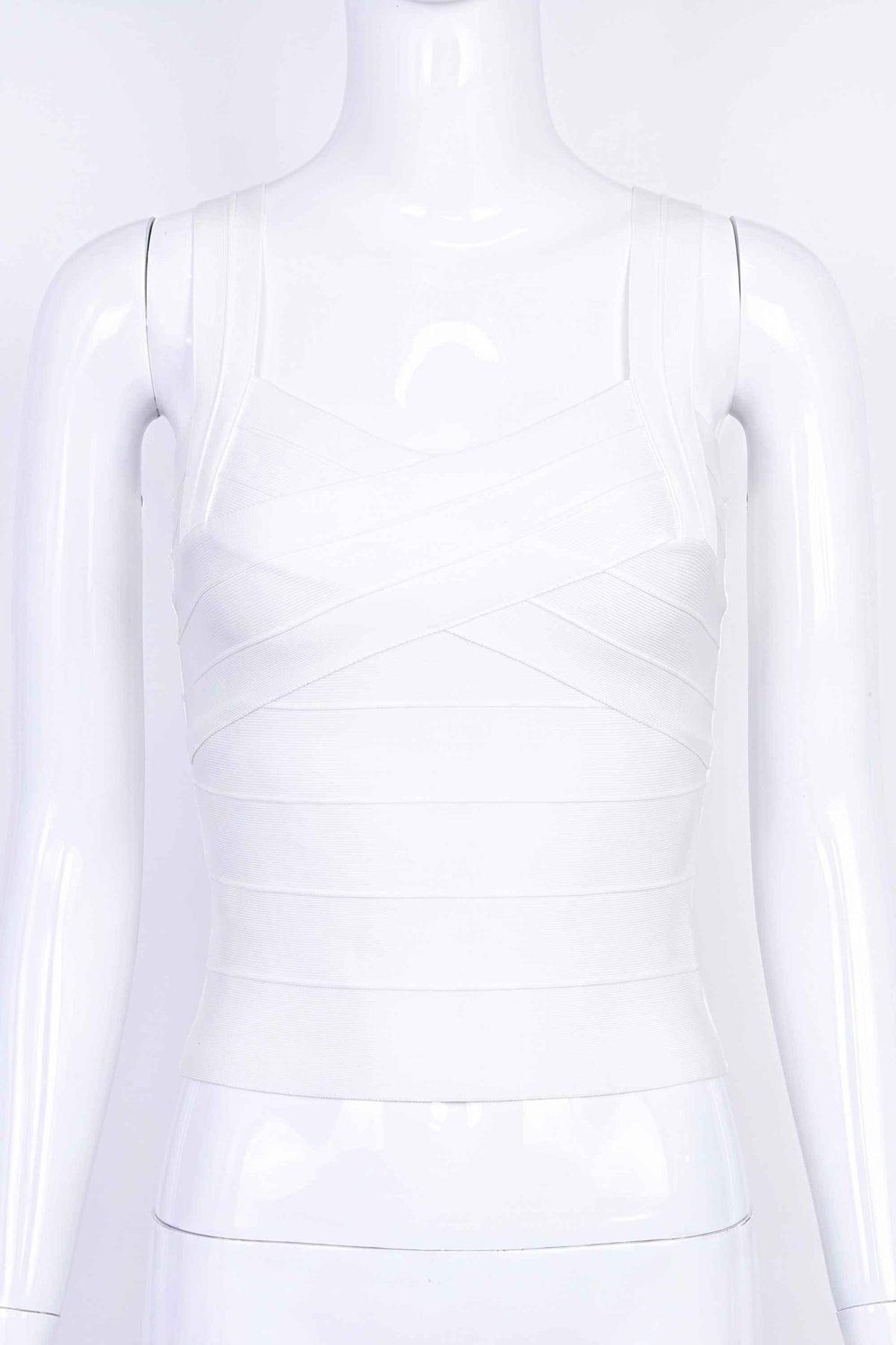 Woman wearing a figure flattering  Jay Bandage Top - White Pearl BODYCON COLLECTION