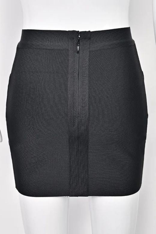 Woman wearing a figure flattering  Jay High Waist Bandage Mini Skirt - Classic Black BODYCON COLLECTION