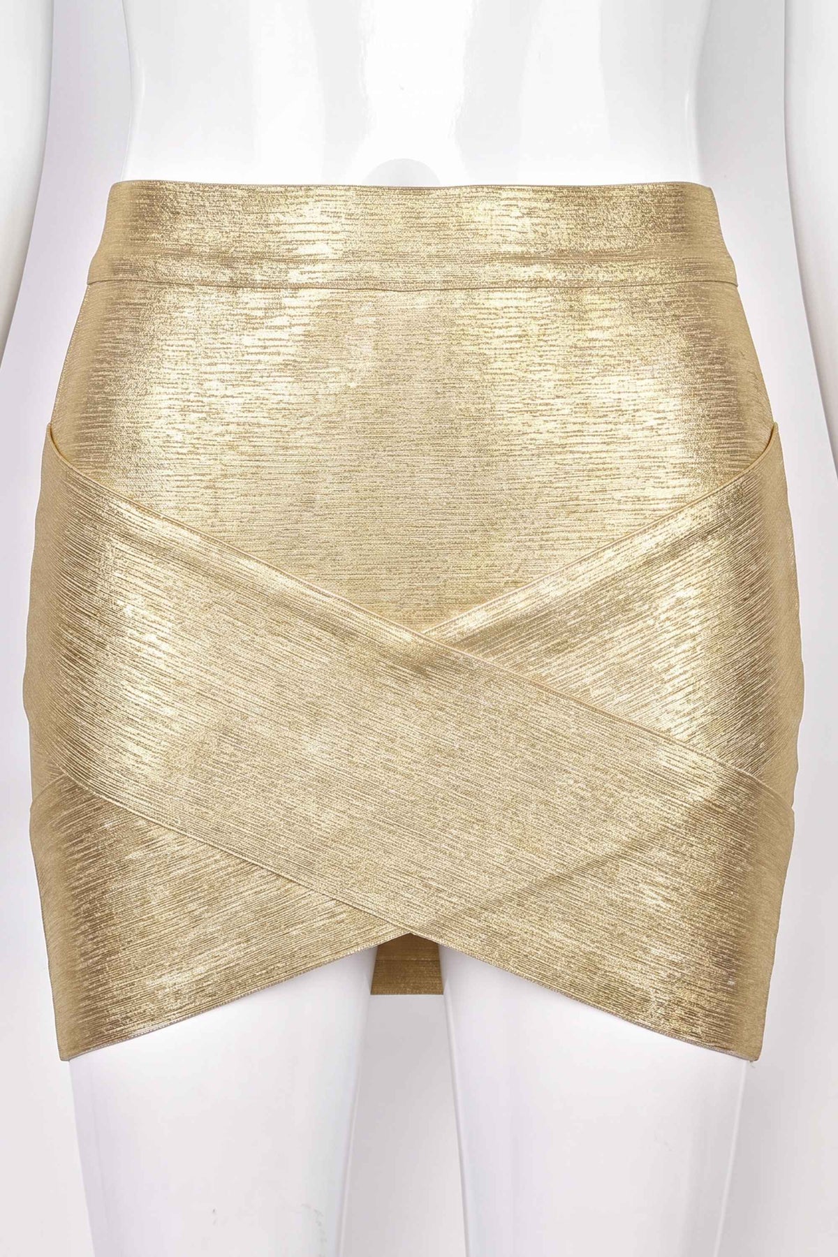 Woman wearing a figure flattering  Jay High Waist Bandage Mini Skirt - Gold BODYCON COLLECTION