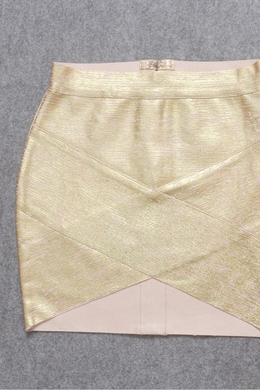 Woman wearing a figure flattering  Jay High Waist Bandage Mini Skirt - Gold BODYCON COLLECTION