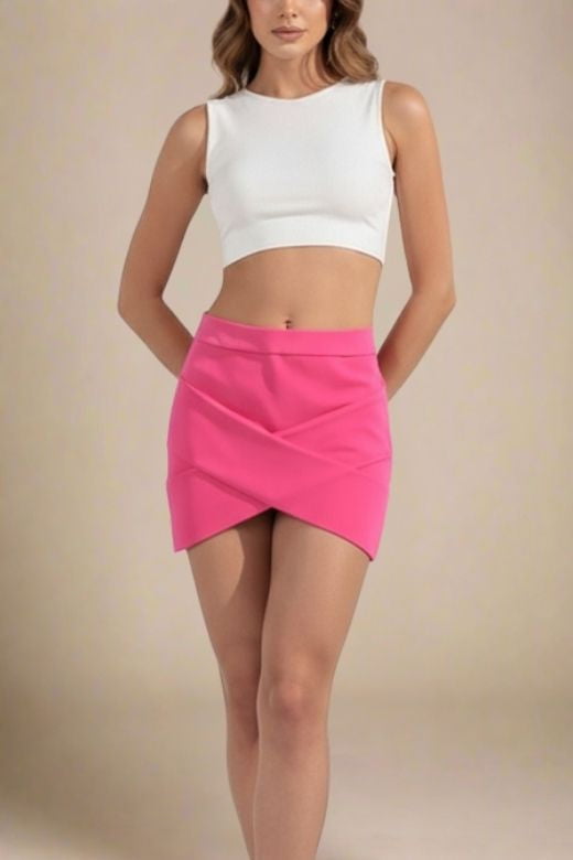 Woman wearing a figure flattering  Jay High Waist Bandage Mini Skirt - Hot Pink BODYCON COLLECTION