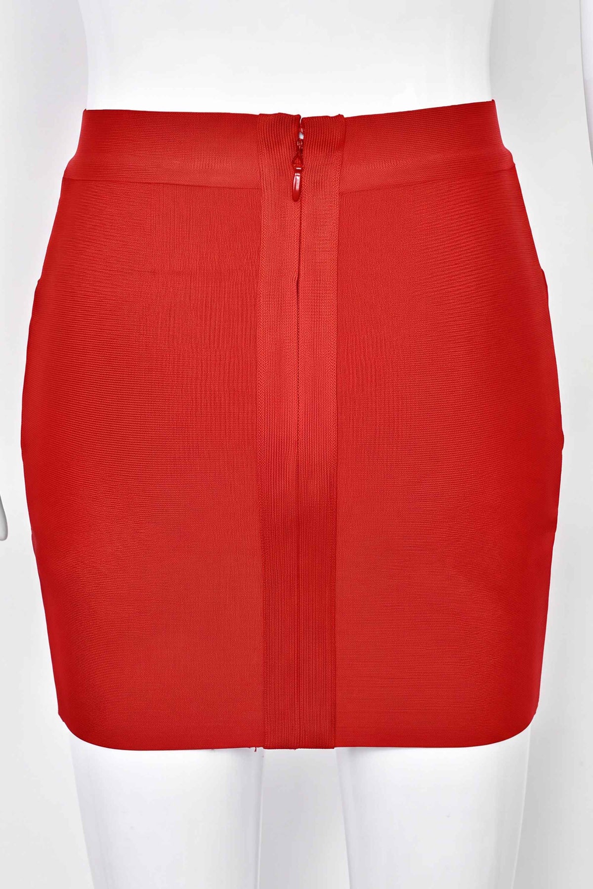 Woman wearing a figure flattering  Jay High Waist Bandage Mini Skirt - Lipstick Red BODYCON COLLECTION