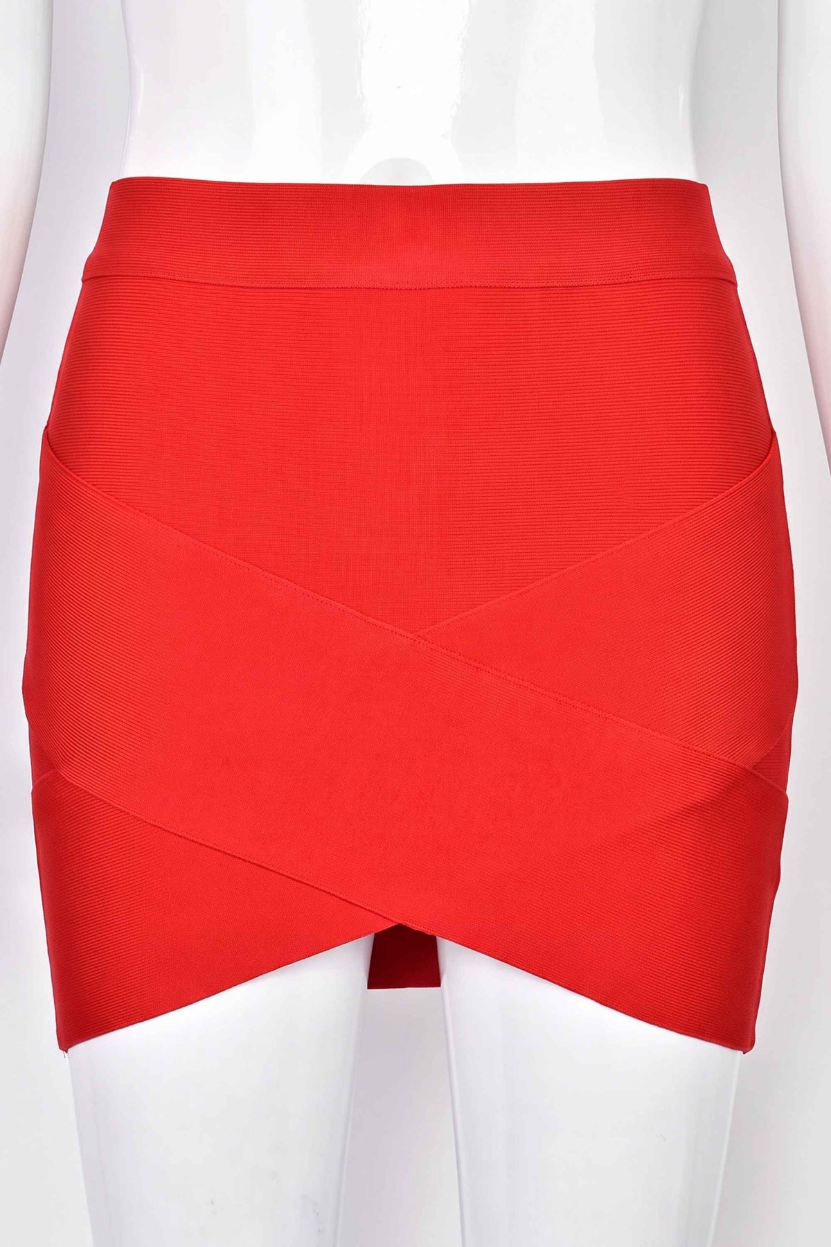 Woman wearing a figure flattering  Jay High Waist Bandage Mini Skirt - Lipstick Red BODYCON COLLECTION