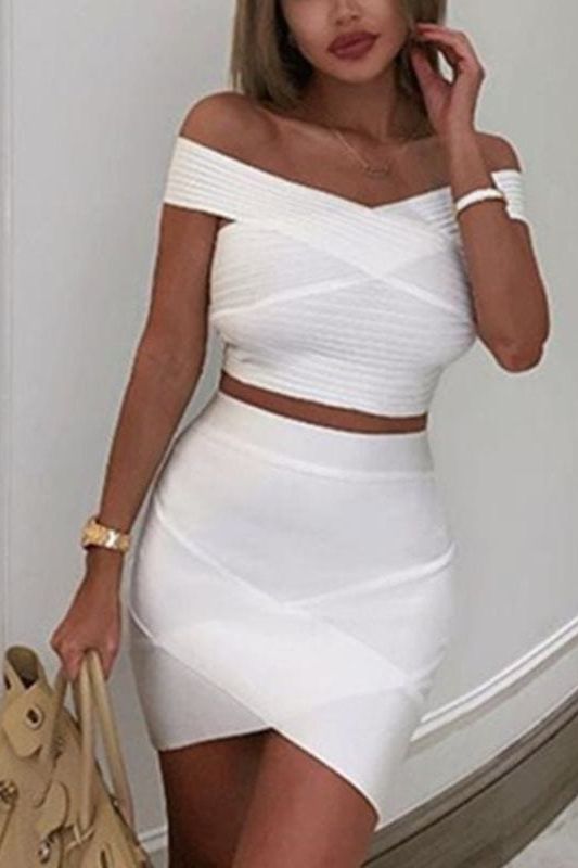 Woman wearing a figure flattering  Jay High Waist Bandage Mini Skirt - Pearl White BODYCON COLLECTION