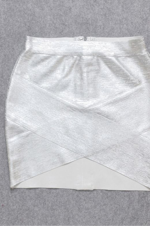 Woman wearing a figure flattering  Jay High Waist Bandage Mini Skirt - Silver BODYCON COLLECTION