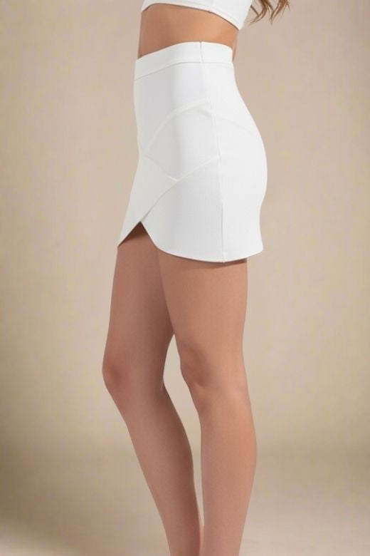 Woman wearing a figure flattering  Jay High Waist Bandage Mini Skirt - White Pearl BODYCON COLLECTION