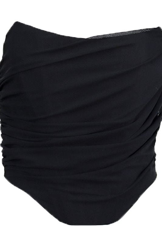 Woman wearing a figure flattering  Jen Mesh Bustier Top - Classic Black BODYCON COLLECTION