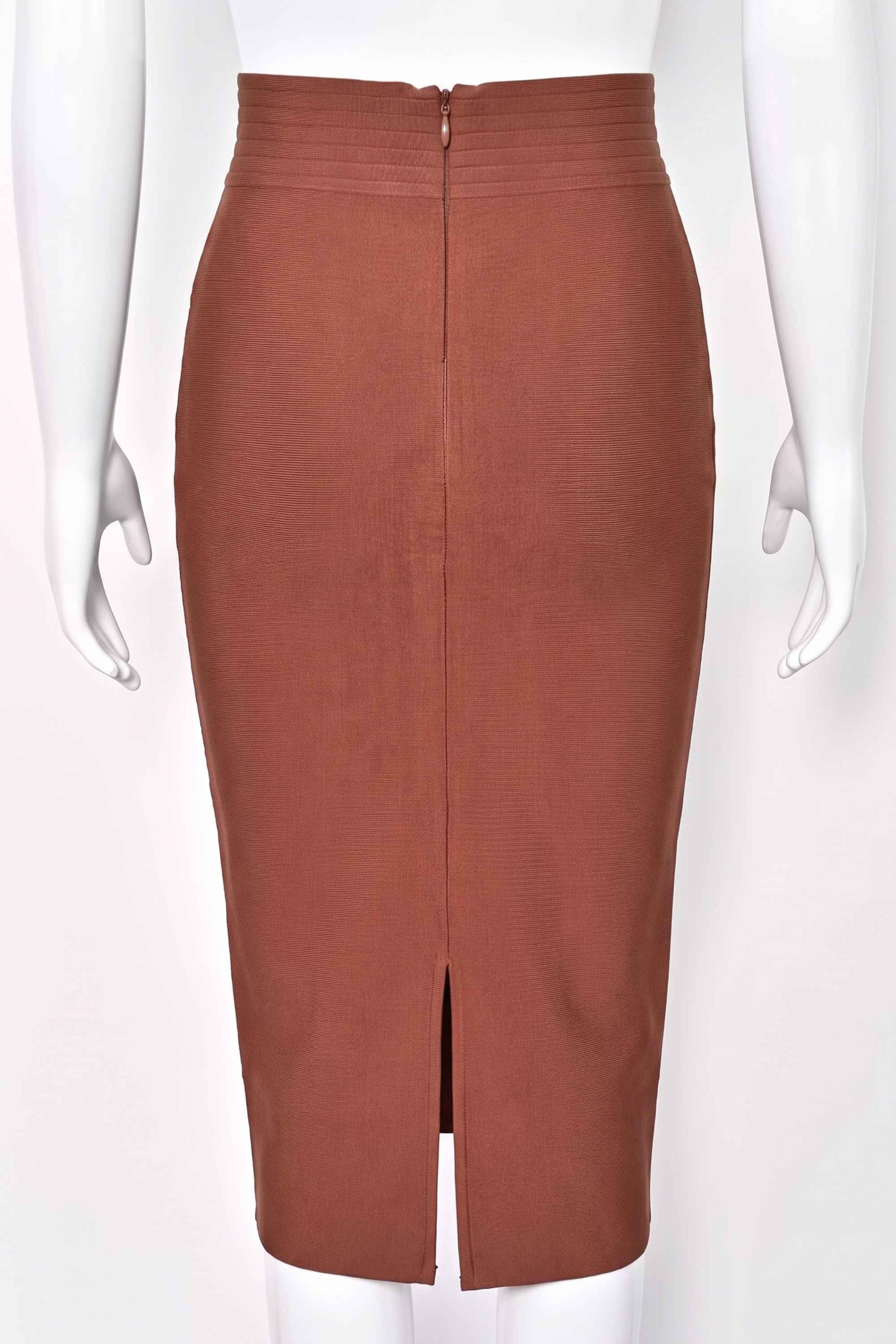 Woman wearing a figure flattering  Jessie Midi Pencil Skirt - Tan Brown BODYCON COLLECTION Pty Ltd