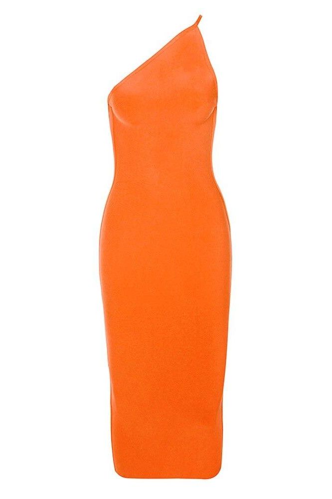 Woman wearing a figure flattering  Joi Bodycon Midi Dress - Apricot Orange Bodycon Collection
