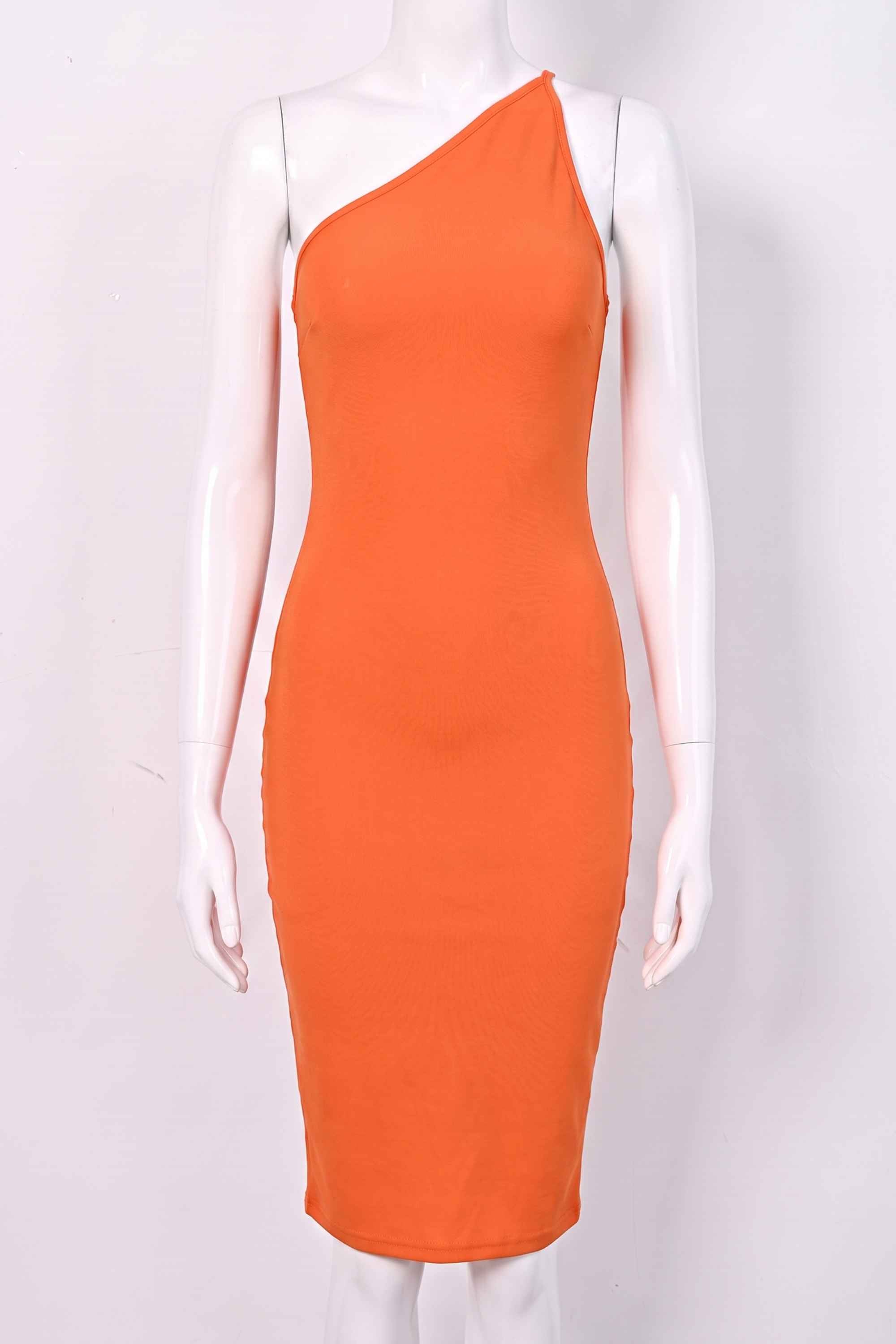 Woman wearing a figure flattering  Joi Bodycon Midi Dress - Apricot Orange Bodycon Collection