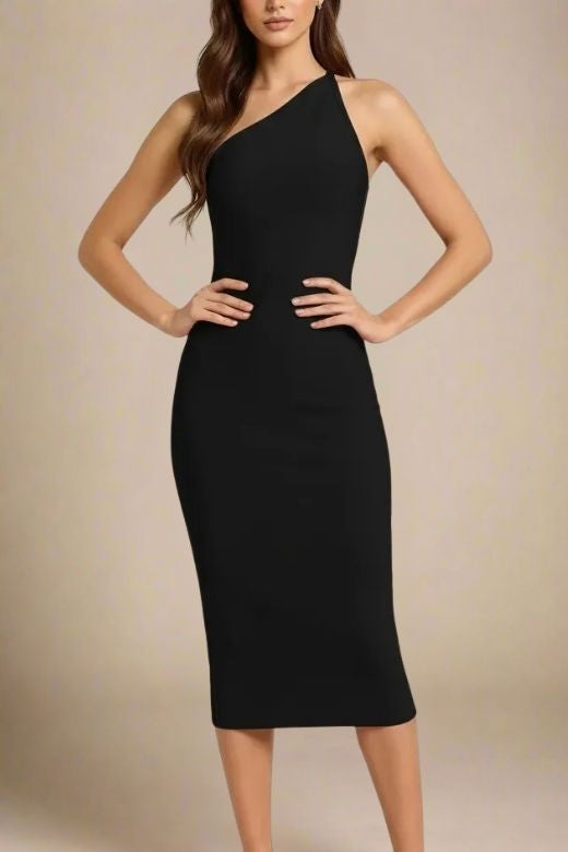 Woman wearing a figure flattering  Joi Bodycon Midi Dress - Classic Black Bodycon Collection