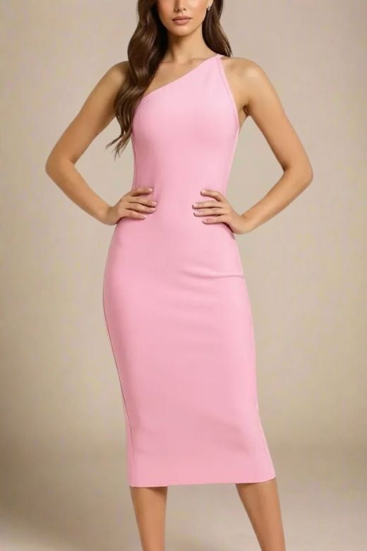 Woman wearing a figure flattering  Joi Bodycon Midi Dress - Dusty Pink Bodycon Collection
