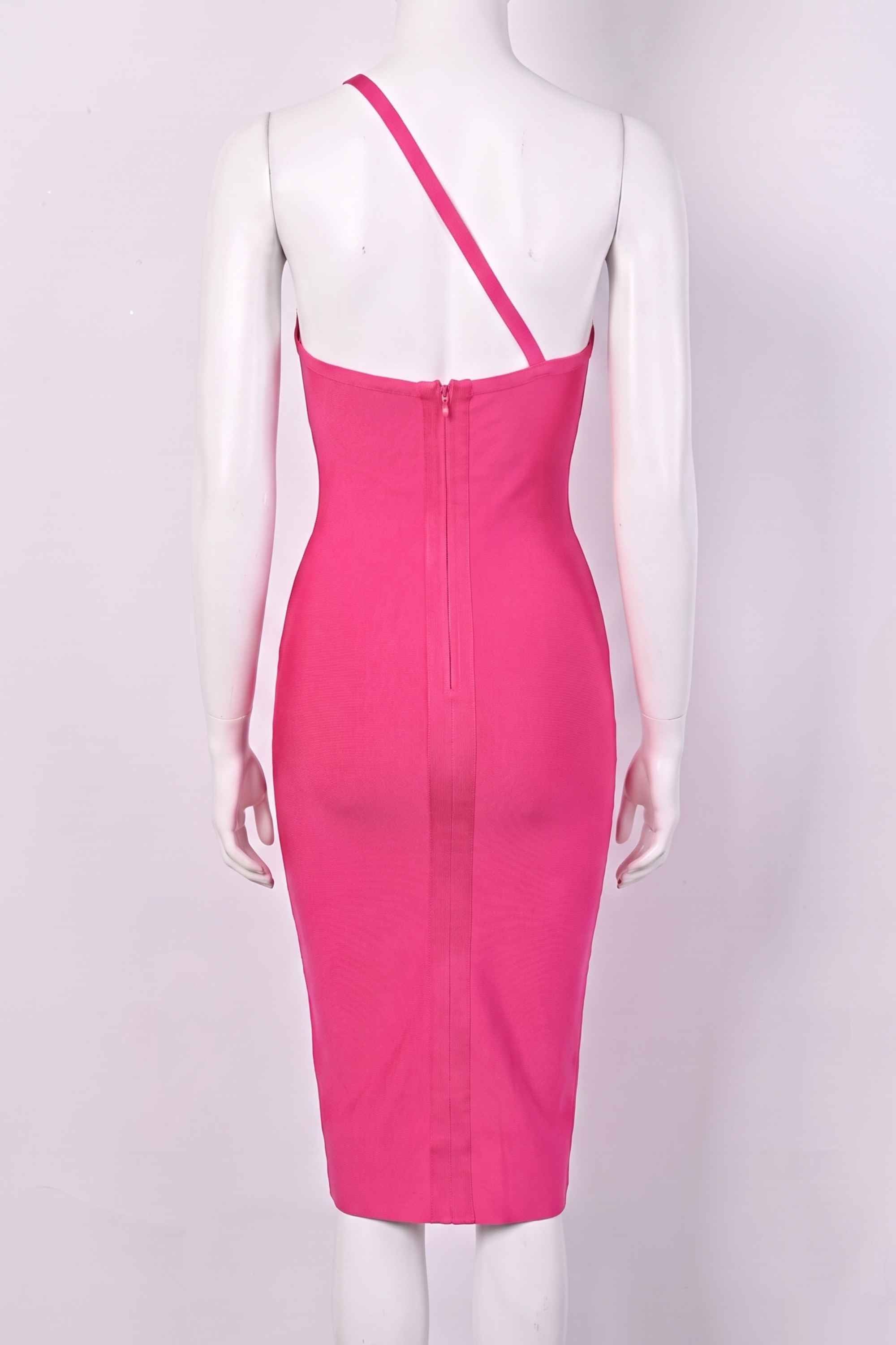 Woman wearing a figure flattering  Joi Bodycon Midi Dress - Hot Pink Bodycon Collection