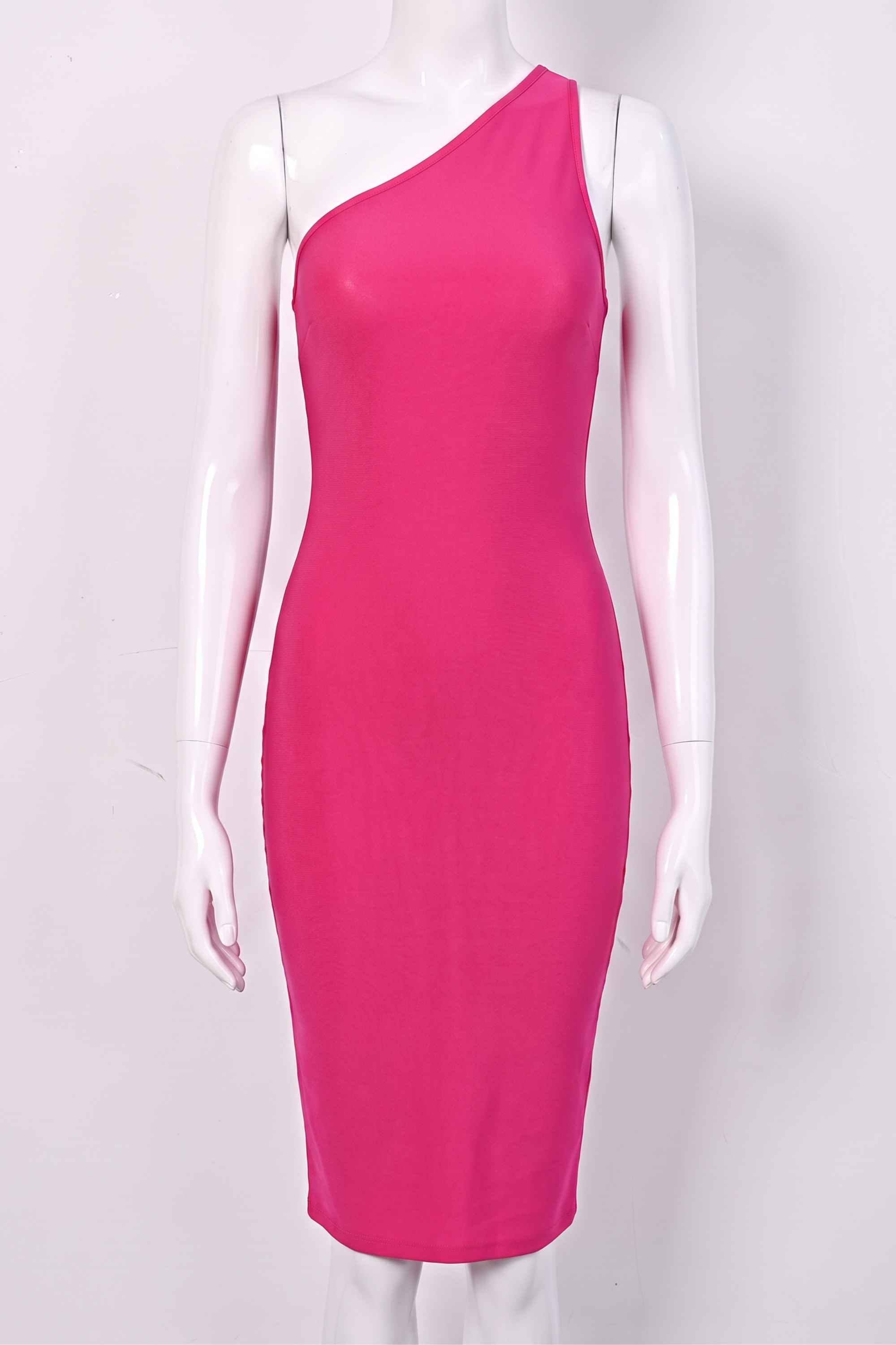 Woman wearing a figure flattering  Joi Bodycon Midi Dress - Hot Pink Bodycon Collection