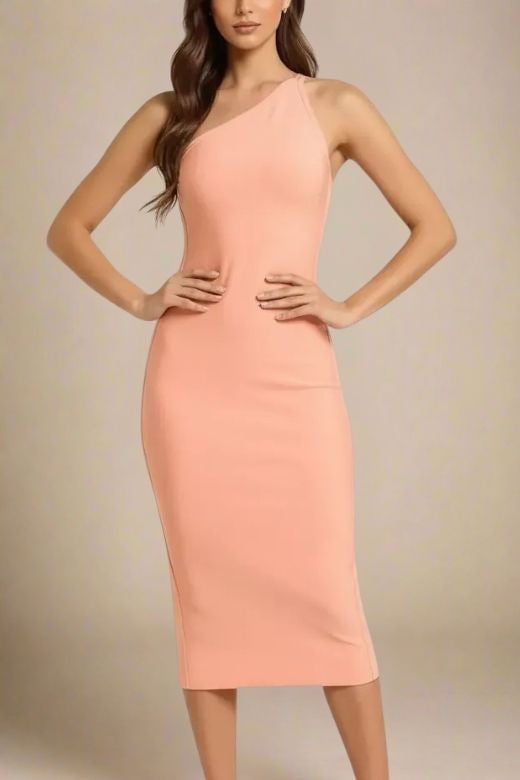 Woman wearing a figure flattering  Joi Bodycon Midi Dress - Peach Bodycon Collection