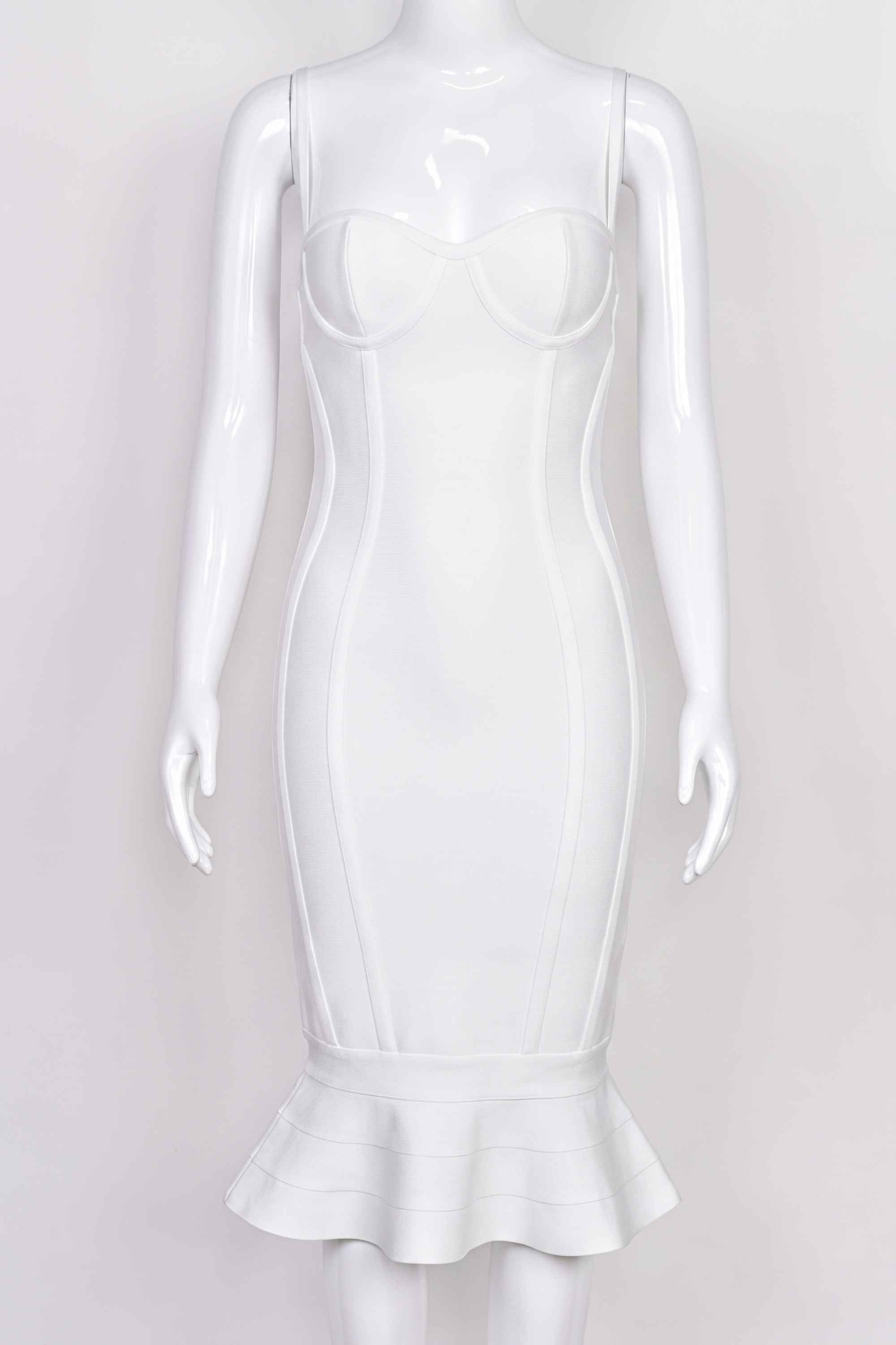 Woman wearing a figure flattering  Joy Bandage Midi Dress - Pearl White Bodycon Collection