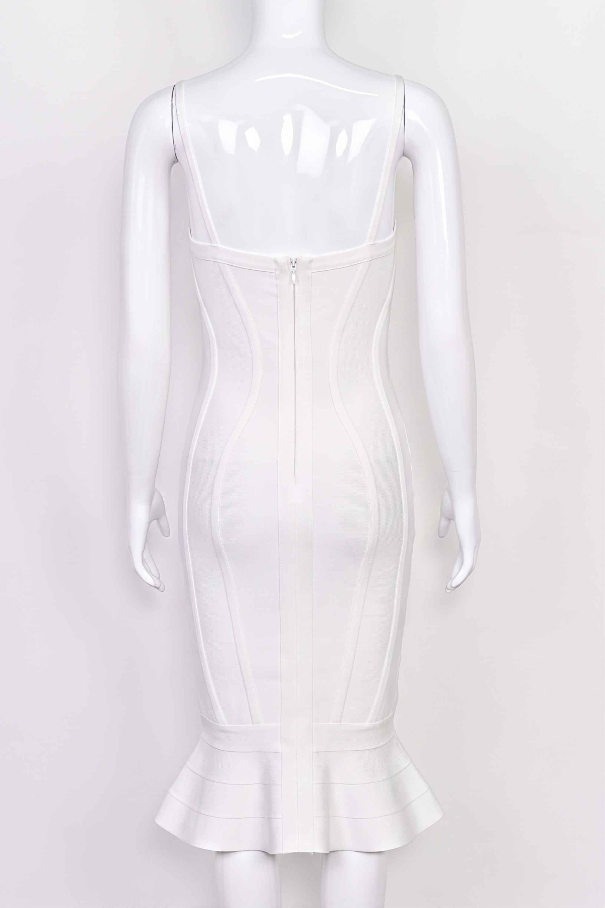 Woman wearing a figure flattering  Joy Bandage Midi Dress - Pearl White Bodycon Collection