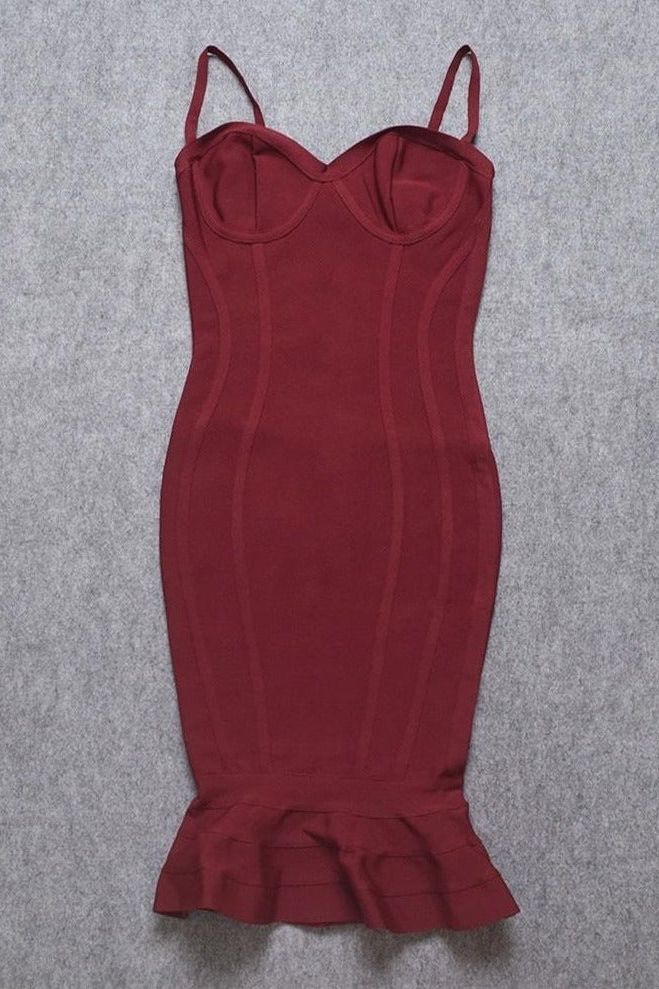 Woman wearing a figure flattering  Joy Bandage Midi Dress - Red Wine Bodycon Collection
