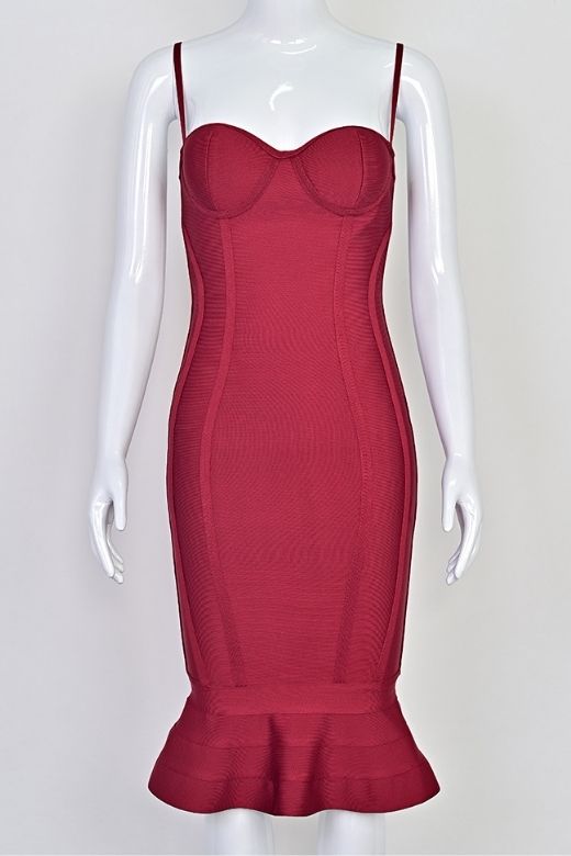 Woman wearing a figure flattering  Joy Bandage Midi Dress - Red Wine Bodycon Collection