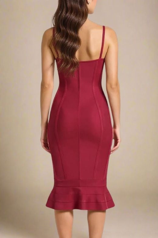 Woman wearing a figure flattering  Joy Bandage Midi Dress - Red Wine Bodycon Collection