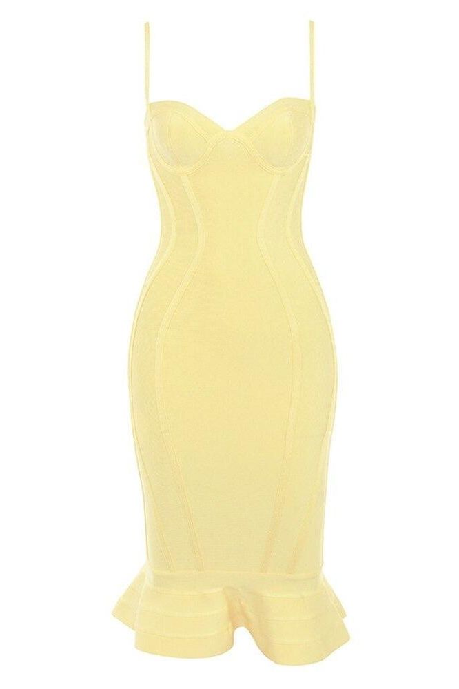Woman wearing a figure flattering  Joy Bandage Midi Dress - Sun Yellow Bodycon Collection