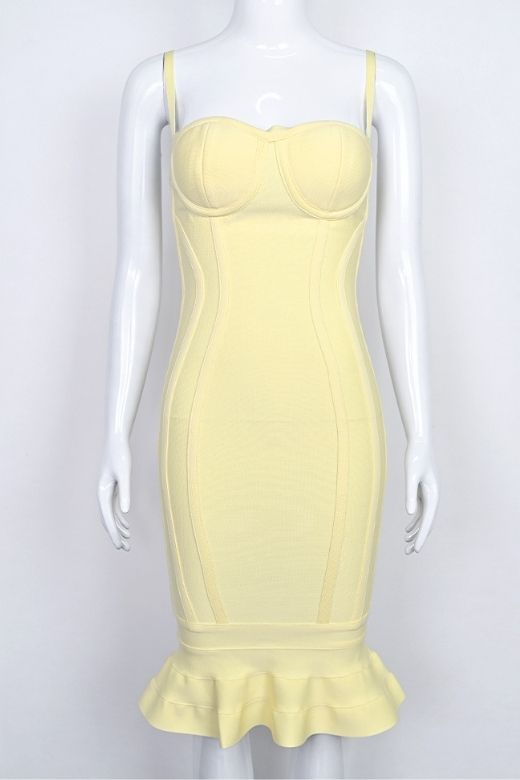 Woman wearing a figure flattering  Joy Bandage Midi Dress - Sun Yellow Bodycon Collection