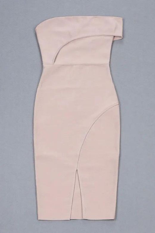 Woman wearing a figure flattering  Kaia Bodycon Dress - Nude BODYCON COLLECTION