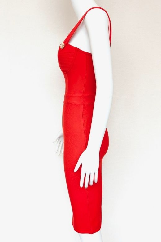 Woman wearing a figure flattering  Kate Bandage Dress - Lipstick Red Bodycon Collection