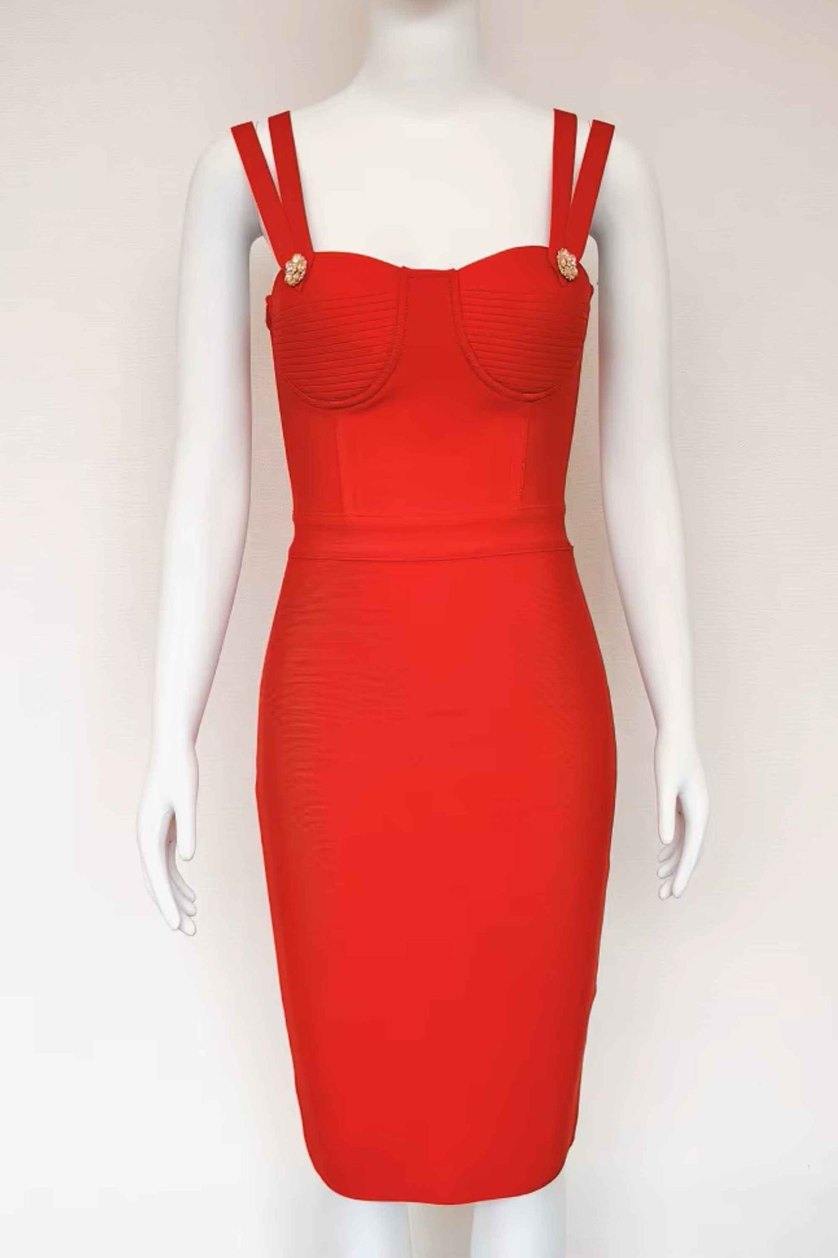 Woman wearing a figure flattering  Kate Bandage Dress - Lipstick Red Bodycon Collection