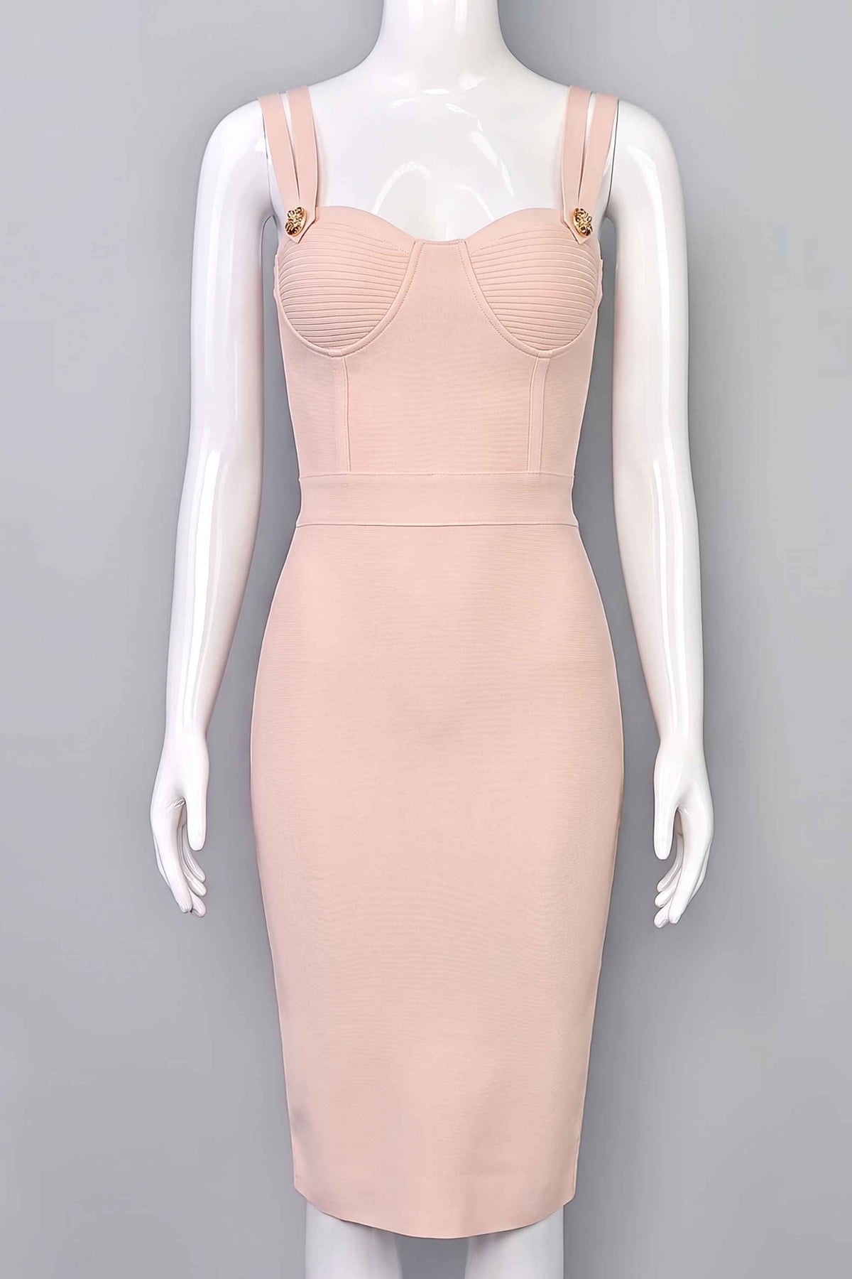 Woman wearing a figure flattering  Kate Bandage Dress - Nude Bodycon Collection