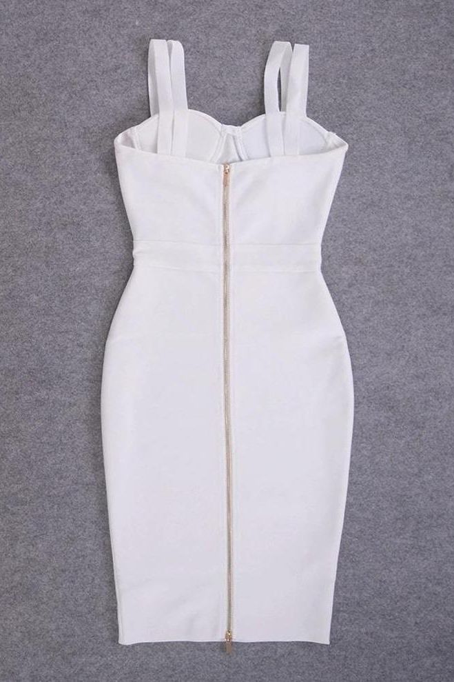 Woman wearing a figure flattering  Kate Bandage Dress - Pearl White Bodycon Collection