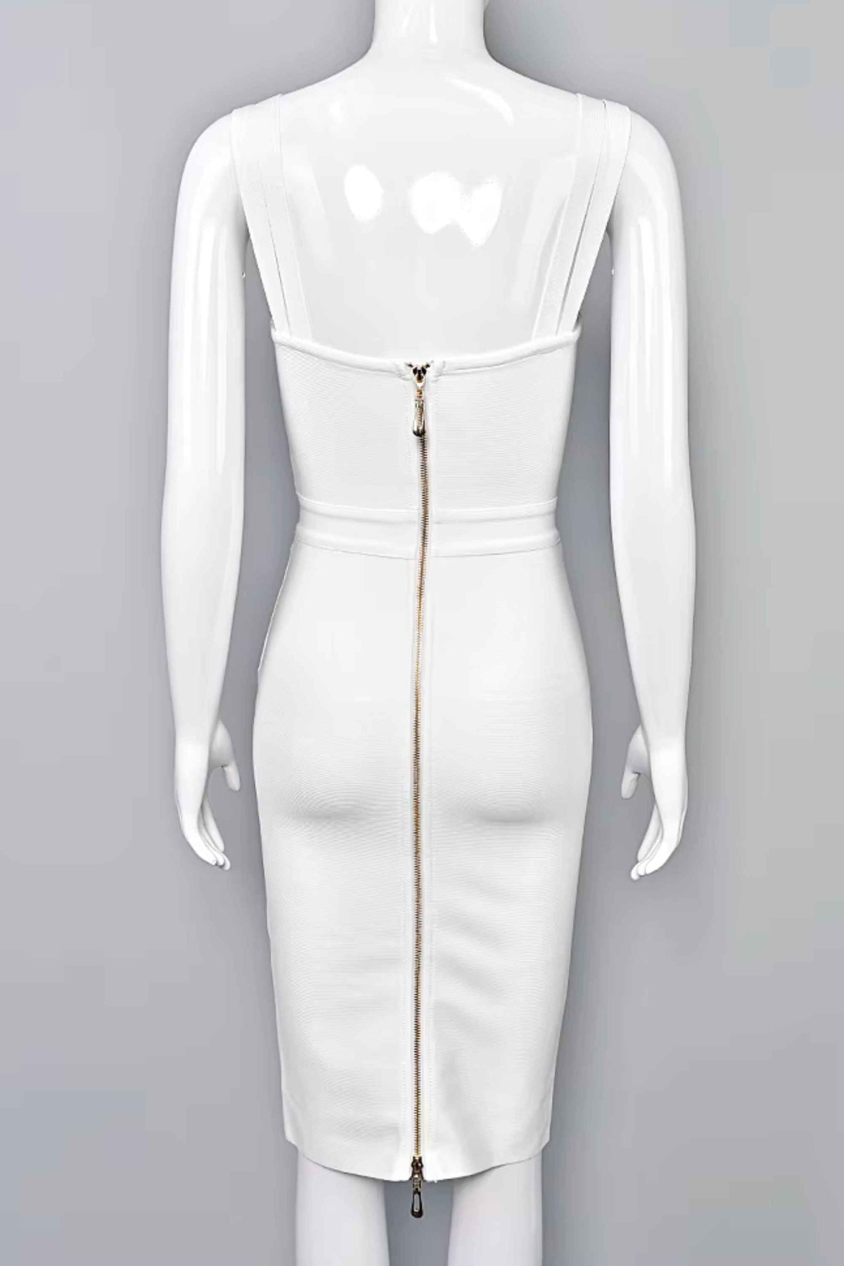 Woman wearing a figure flattering  Kate Bandage Dress - Pearl White Bodycon Collection
