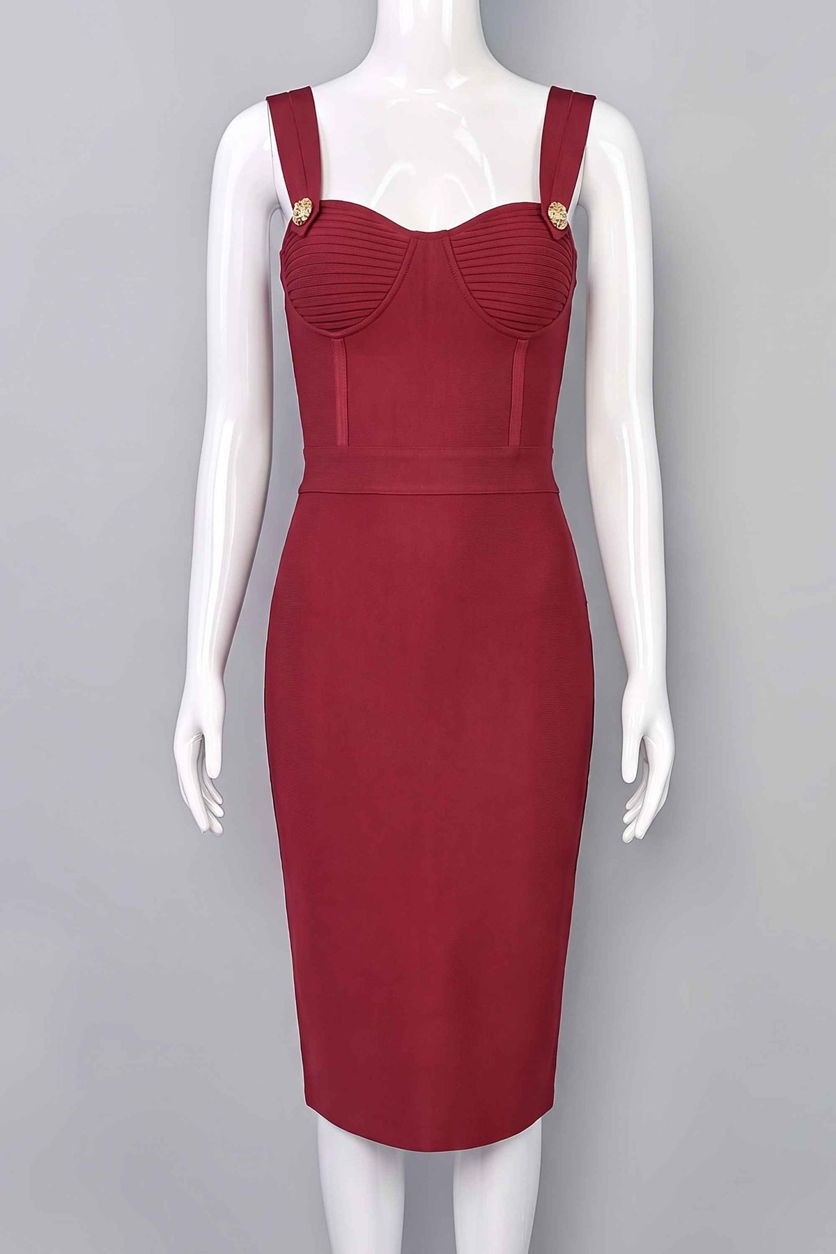 Woman wearing a figure flattering  Kate Bandage Dress - Red Wine Bodycon Collection