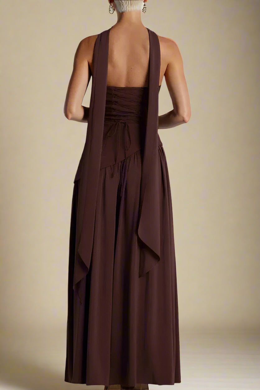 Woman wearing a figure flattering  Kellie Bodycon Maxi Dress - Chocolate Brown BODYCON COLLECTION
