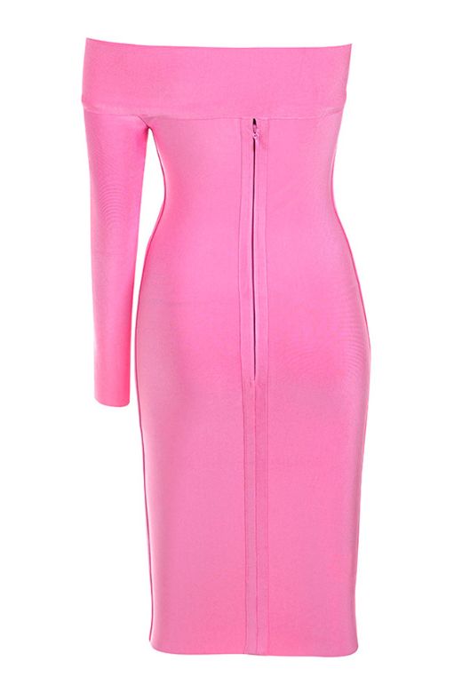 Woman wearing a figure flattering  Kelly Long Sleeve Bandage Mini Dress - Hot Pink BODYCON COLLECTION