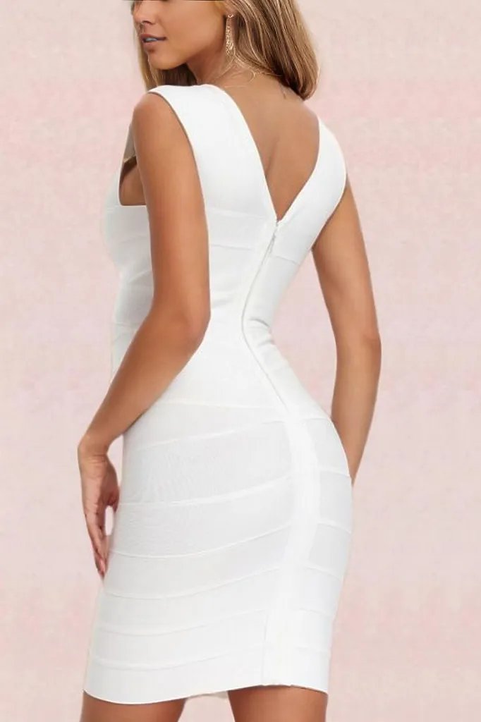 Woman wearing a figure flattering  Kia Bandage Dress - Pearl White BODYCON COLLECTION