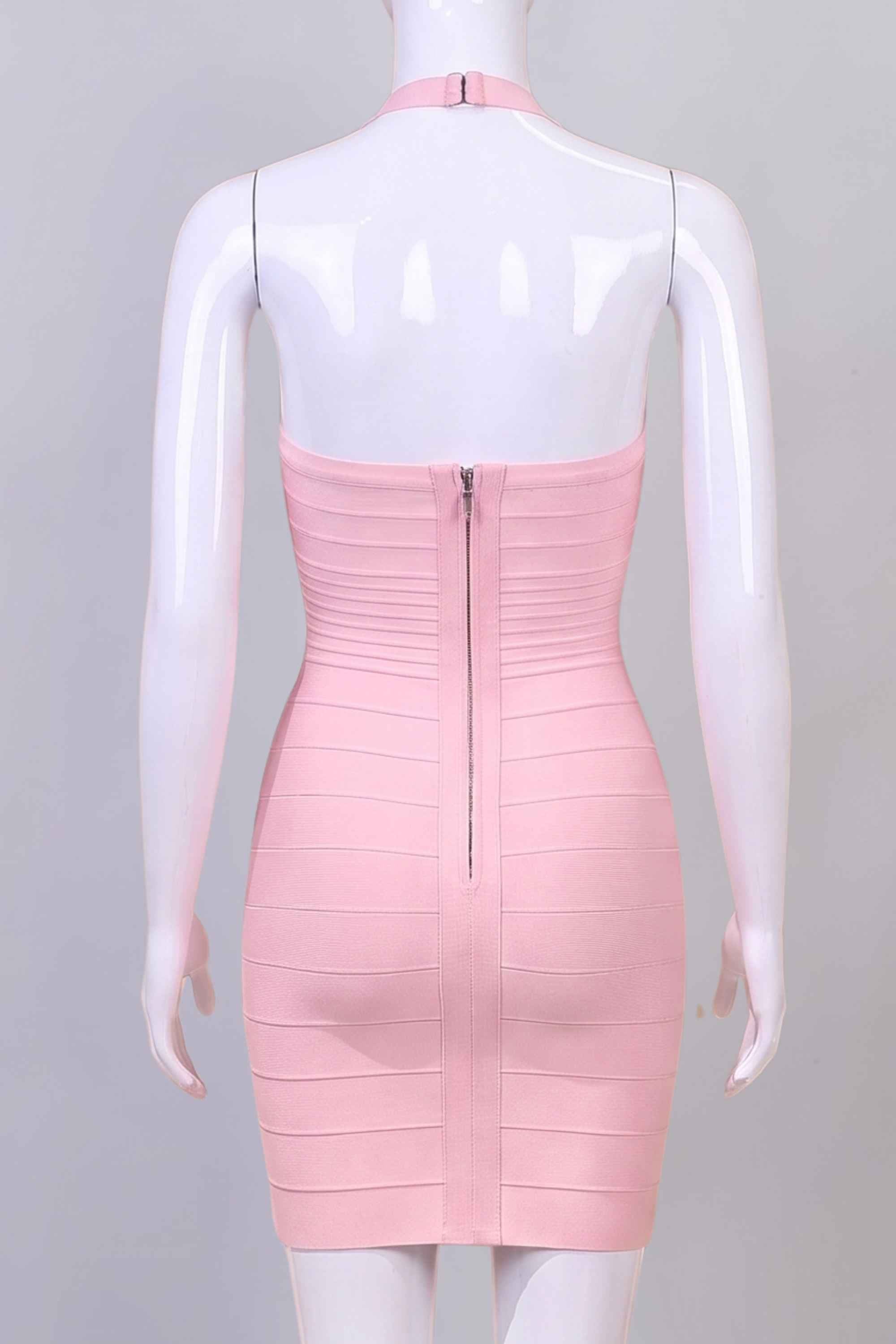 Woman wearing a figure flattering  Kia Bandage Mini Dress - Dusty Pink BODYCON COLLECTION Pty Ltd