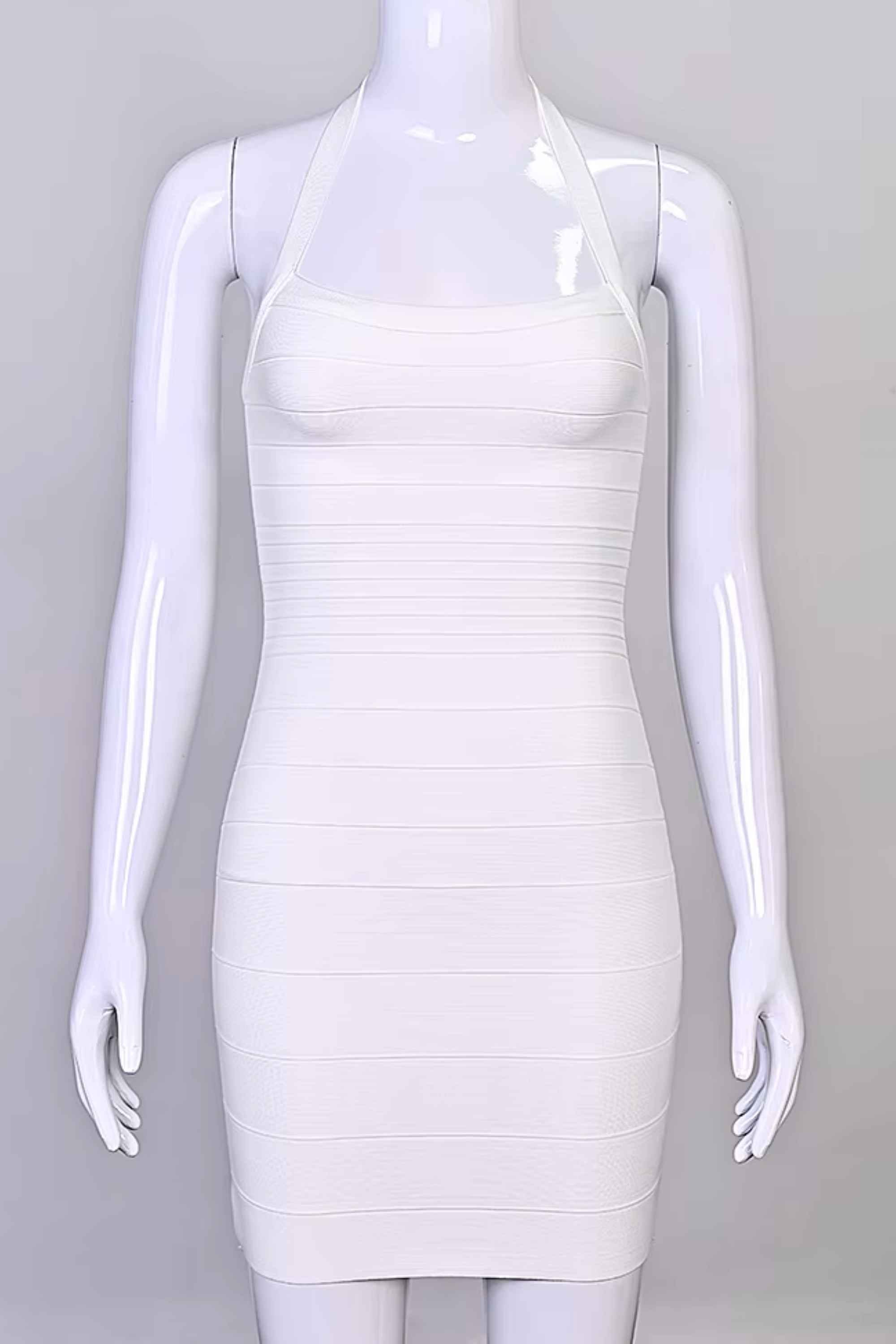 Woman wearing a figure flattering  Kia Bandage Mini Dress - White Pearl BODYCON COLLECTION Pty Ltd