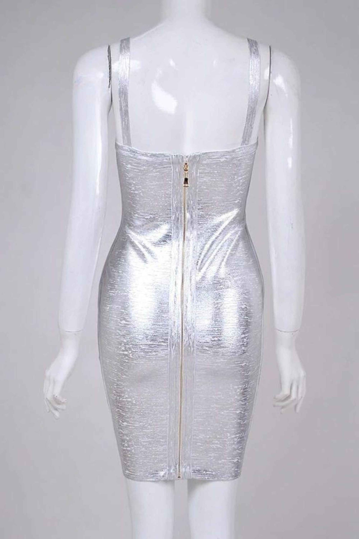 Woman wearing a figure flattering  Kit Bandage Dress - Silver Bodycon Collection