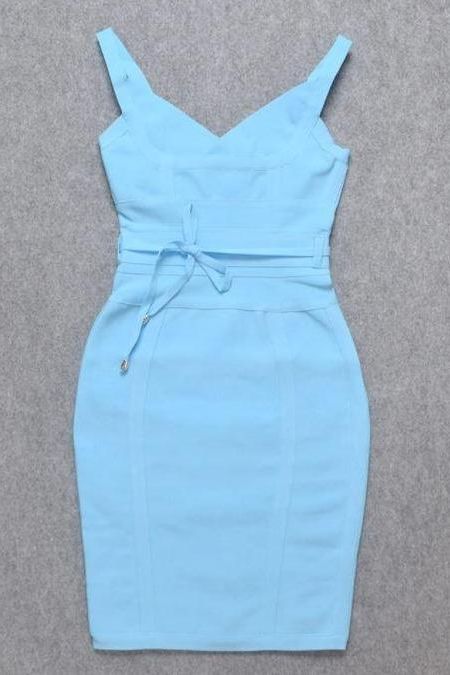 Woman wearing a figure flattering  Kit Bandage Dress - Sky Blue Bodycon Collection