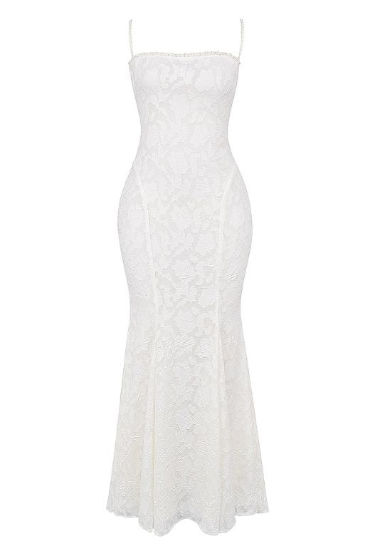 Woman wearing a figure flattering  Kora Bodycon Maxi Dress - Pearl White BODYCON COLLECTION