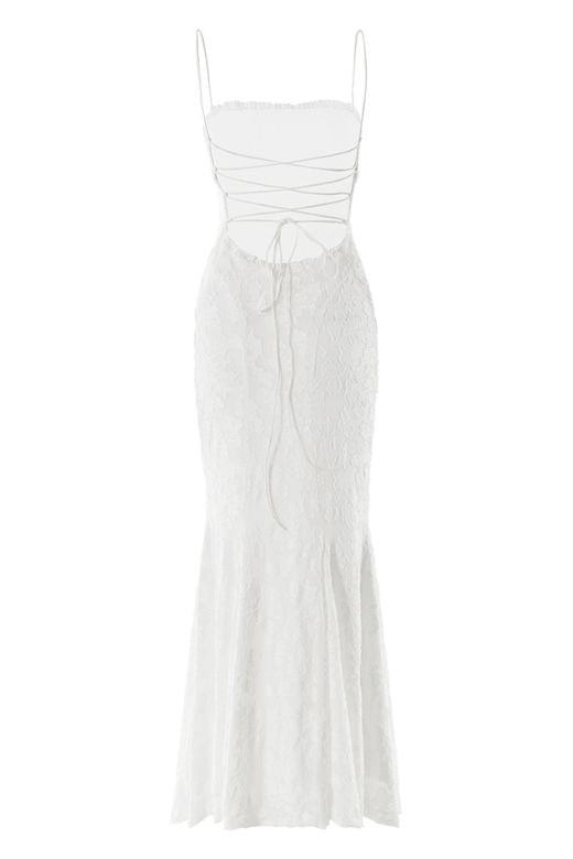 Woman wearing a figure flattering  Kora Bodycon Maxi Dress - Pearl White BODYCON COLLECTION