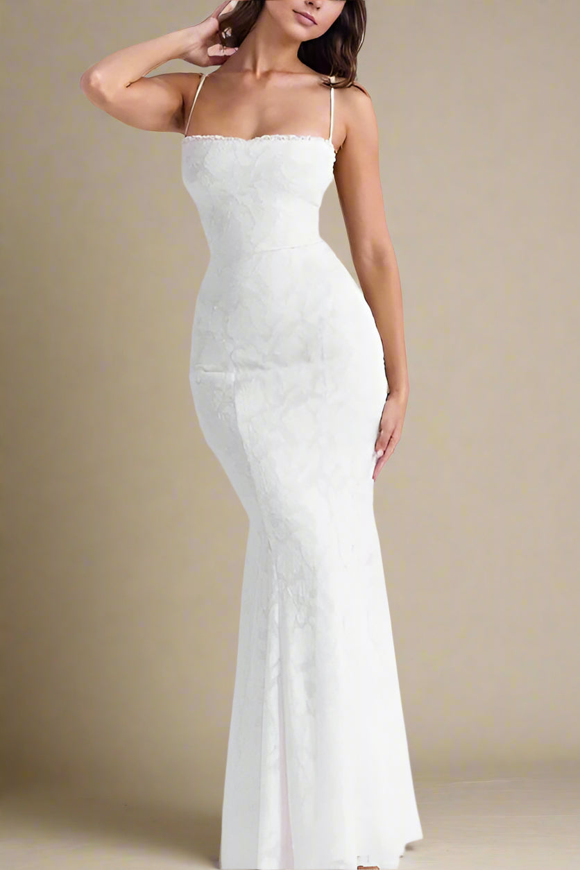 Woman wearing a figure flattering  Kora Bodycon Maxi Dress - Pearl White BODYCON COLLECTION