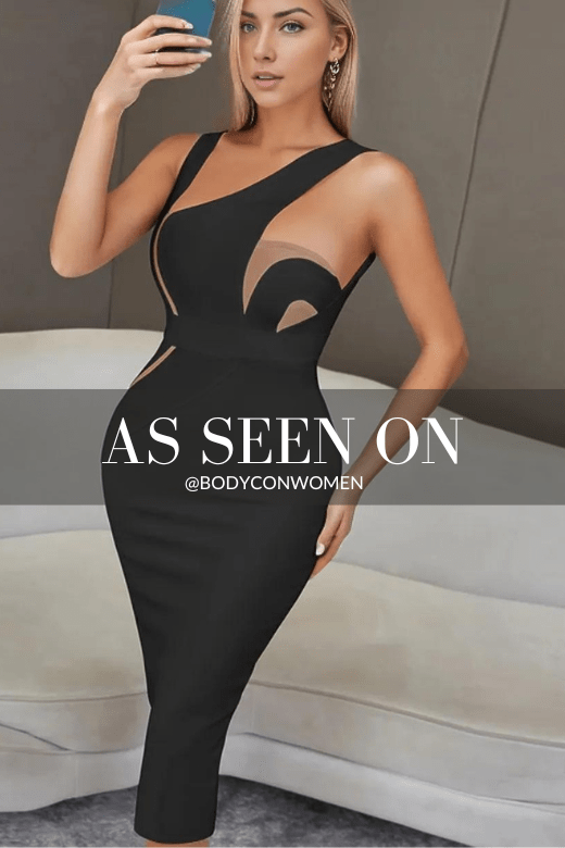 Woman wearing a figure flattering  Kylie Bodycon Midi Dress - Classic Black BODYCON COLLECTION
