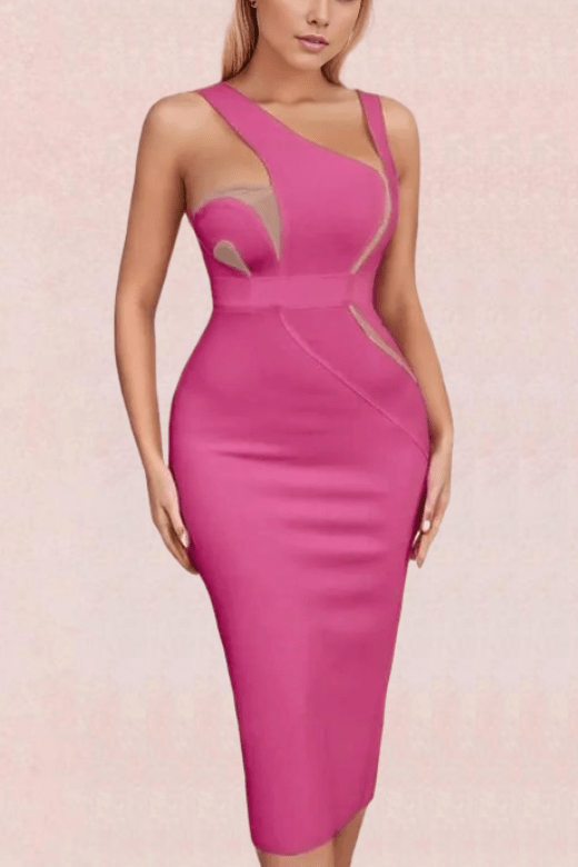Woman wearing a figure flattering  Kylie Bodycon Midi Dress - Hot Pink BODYCON COLLECTION
