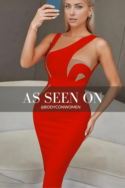 Woman wearing a figure flattering  Kylie Bodycon Midi Dress - Lipstick Red BODYCON COLLECTION
