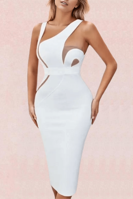Woman wearing a figure flattering  Kylie Bodycon Midi Dress - Pearl White BODYCON COLLECTION