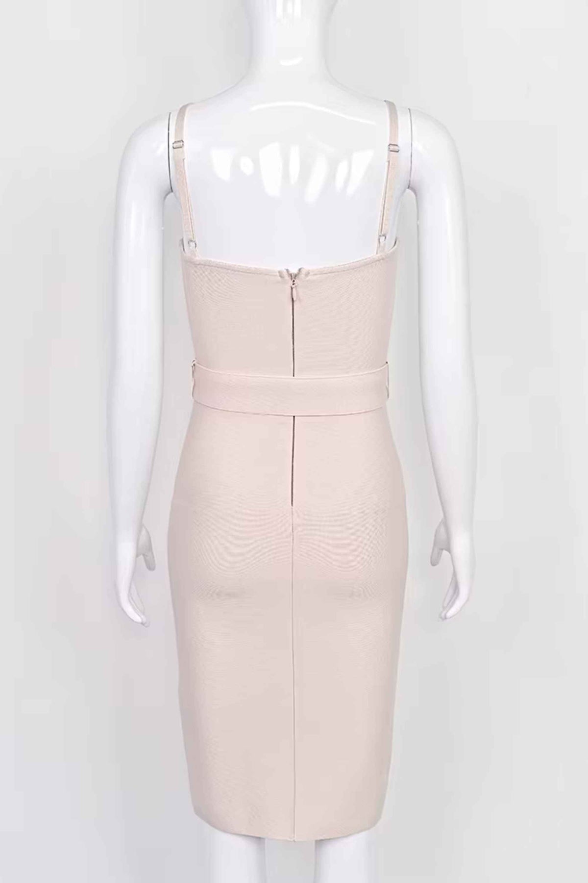 Woman wearing a figure flattering  Lana Bandage Dress - Cream BODYCON COLLECTION Pty Ltd
