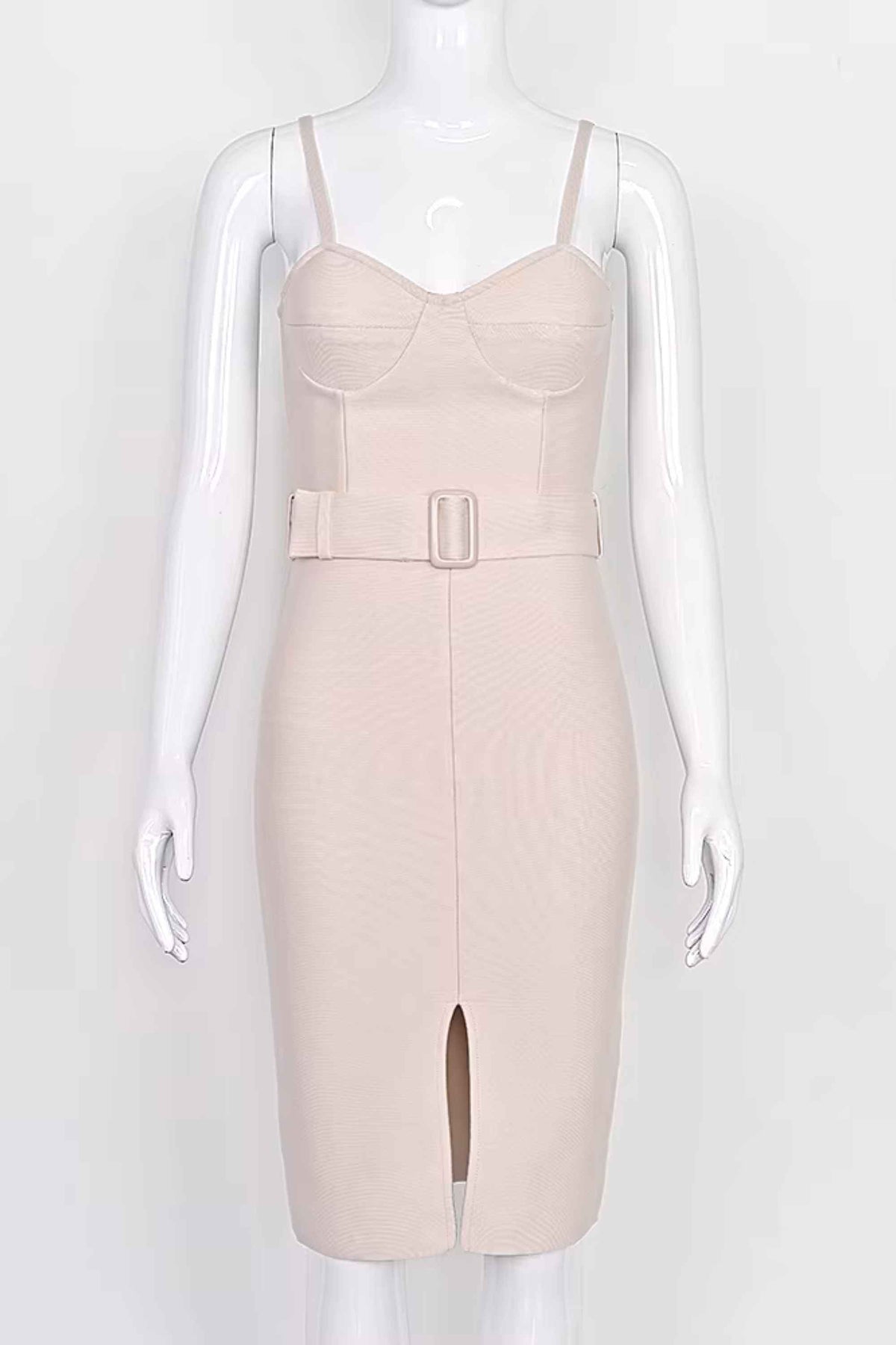 Woman wearing a figure flattering  Lana Bandage Dress - Cream BODYCON COLLECTION Pty Ltd